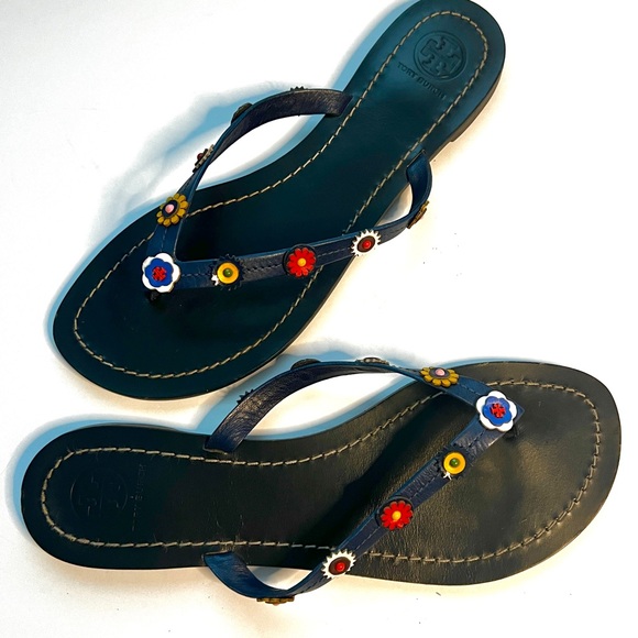 TORY BURCH Marguerite Terra Leather Thong Sandals Flip Flops Navy Blue 8.5 - Picture 2 of 8